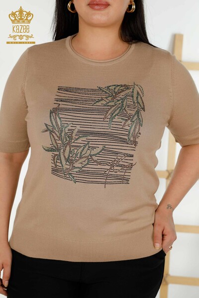 Pull en tricot pour femmes en gros motif floral beige - 30493 | KAZEE - Thumbnail