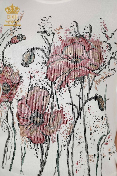 Grossiste Maille Pull Femme Motif Floral Ecru - 30214 | KAZEE - Thumbnail