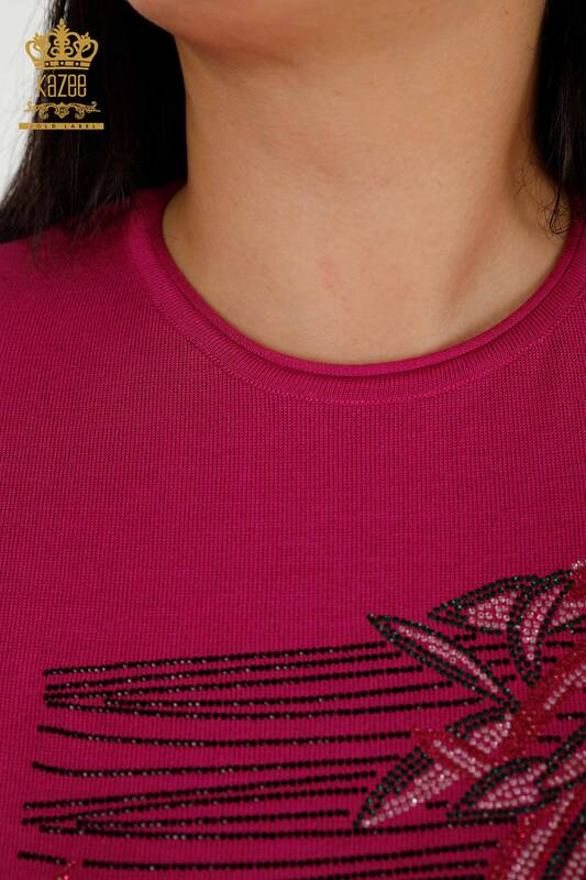 Pull en tricot pour femmes en gros à motifs floraux Fuchsia - 30493 | KAZEE