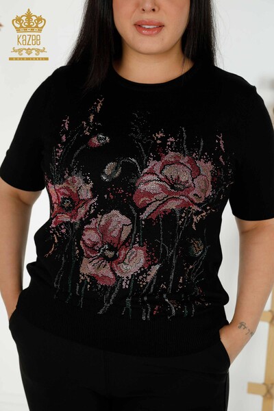 Pull en tricot pour femmes en gros motif floral noir - 30214 | KAZEE - Thumbnail