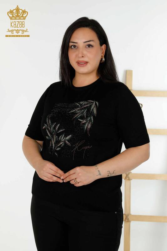 Pull en tricot pour femmes en gros motif floral noir - 30493 | KAZEE