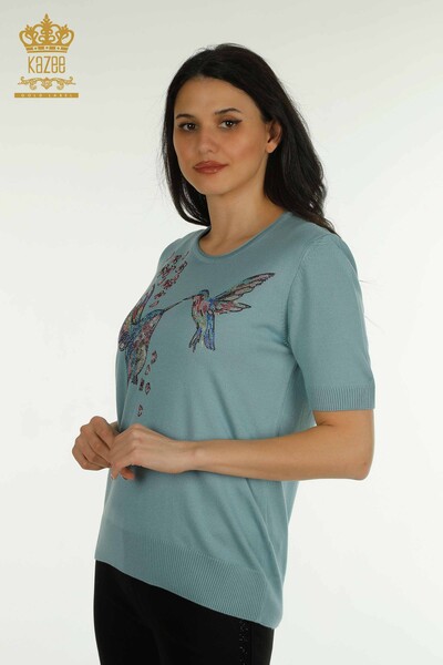 Pull en tricot pour femmes en gros à motifs d'oiseaux menthe - 30456 | KAZEE - Thumbnail
