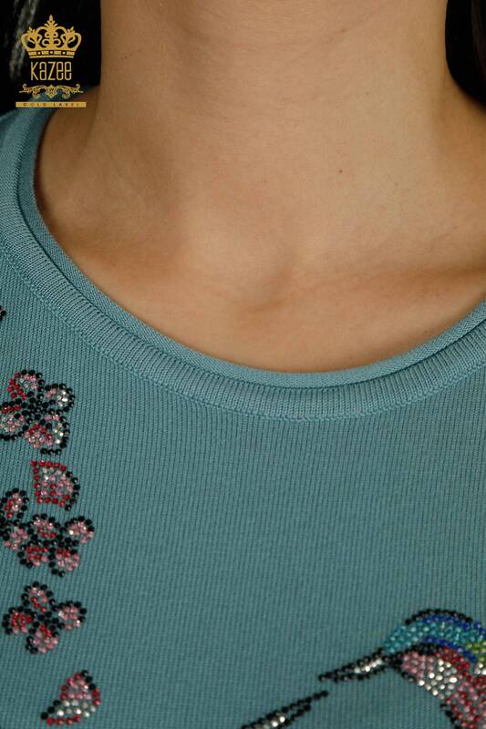 Pull en tricot pour femmes en gros à motifs d'oiseaux menthe - 30456 | KAZEE