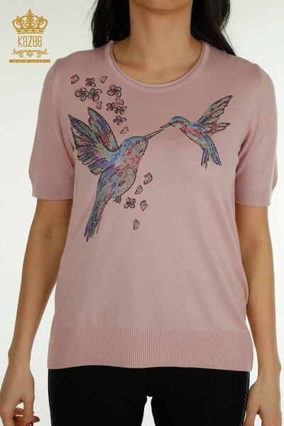 Pull en tricot pour femmes en gros à motifs d'oiseaux en poudre - 30456 | KAZEE - Thumbnail