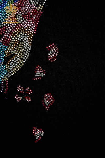 Pull en tricot pour femmes en gros à motifs d'oiseaux noir - 30456 | KAZEE - Thumbnail