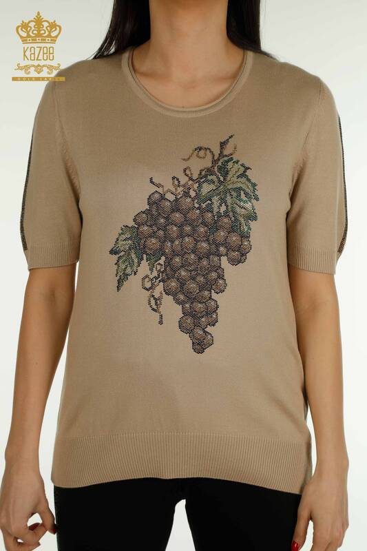 Pull en tricot pour femmes en gros à motifs de raisin beige - 30488 | KAZEE