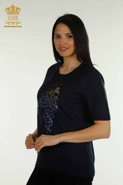 Pull en tricot pour femmes en gros à motifs de raisin bleu marine - 30488 | KAZEE - Thumbnail