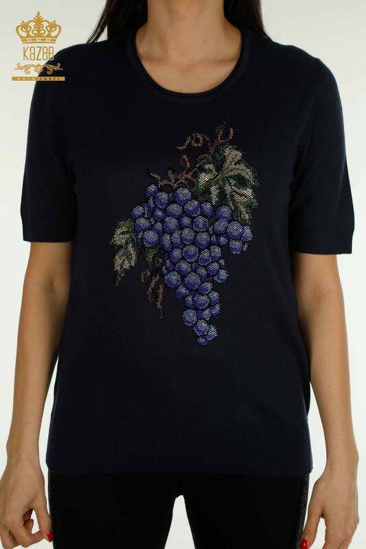 Pull en tricot pour femmes en gros à motifs de raisin bleu marine - 30488 | KAZEE