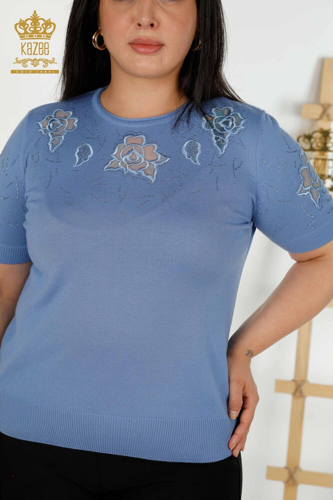 Pull en tricot pour femmes en gros à motifs roses bleu - 16845 | KAZEE - 2