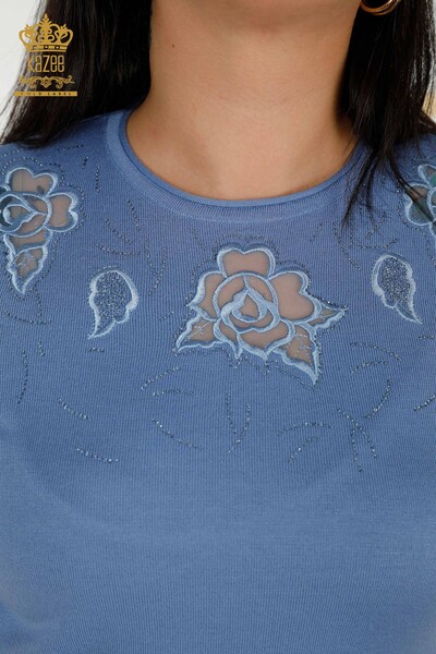 Pull en tricot pour femmes en gros à motifs roses bleu - 16845 | KAZEE - 3