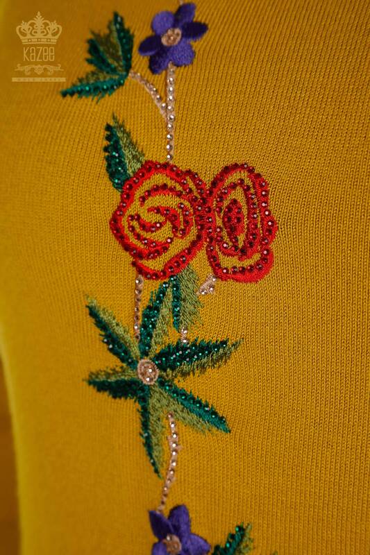 Pull en tricot pour femmes en gros à motifs roses safran - 16285 | KAZEE