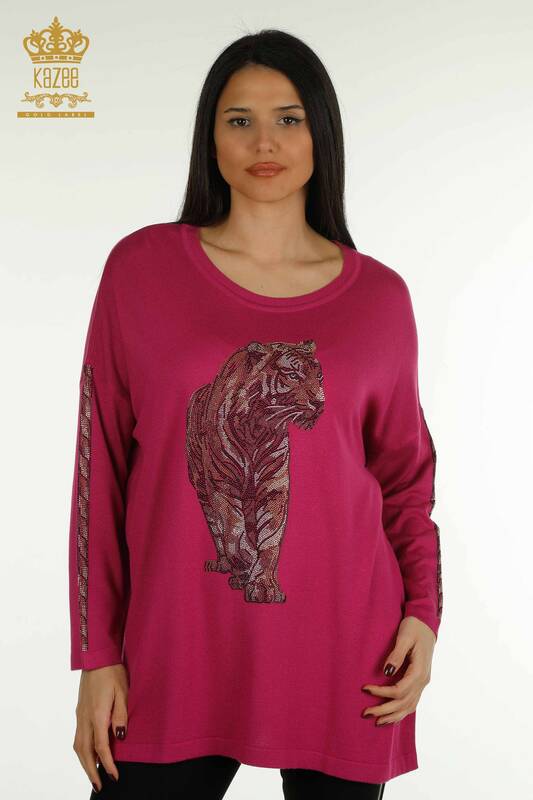 Pull en tricot pour femmes en gros motif tigre fuchsia - 30746 | KAZEE