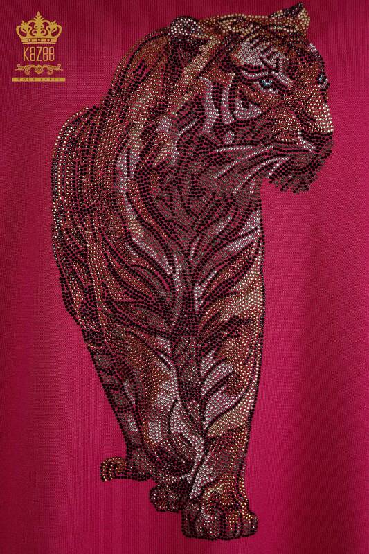 Pull en tricot pour femmes en gros motif tigre fuchsia - 30746 | KAZEE
