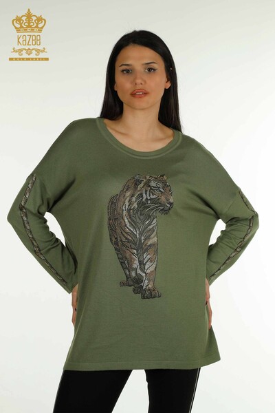 Pull en tricot pour femmes en gros à motifs de tigre kaki - 30746 | KAZEE - Thumbnail