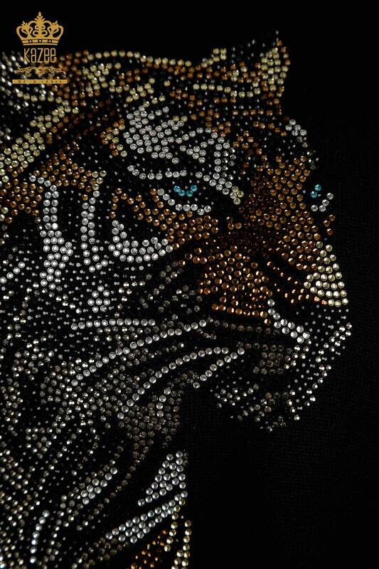 Pull en tricot pour femmes en gros motif tigre noir - 30746 | KAZEE