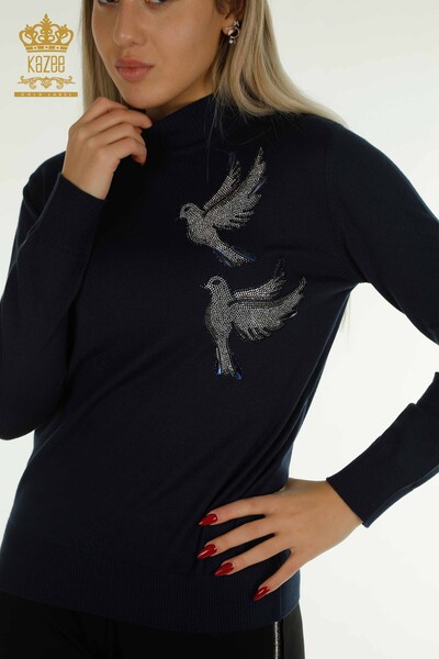 Pull en tricot pour femmes en gros oiseau brodé bleu marine - 30745 | KAZEE - Thumbnail