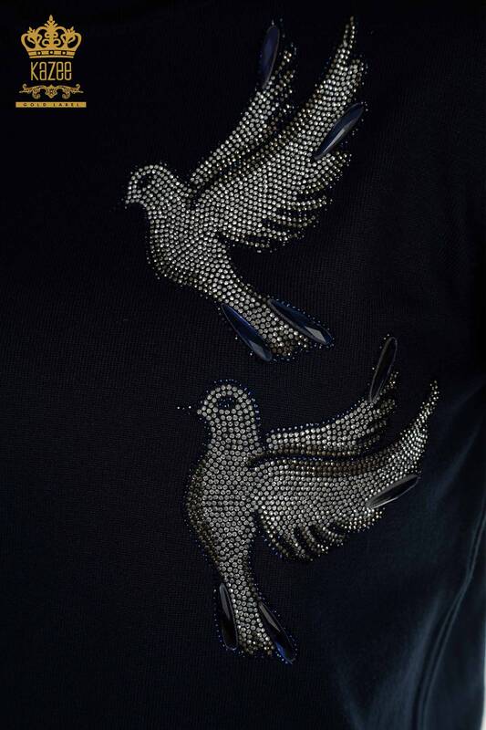 Pull en tricot pour femmes en gros oiseau brodé bleu marine - 30745 | KAZEE