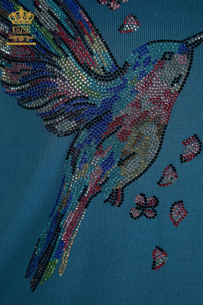 Pull en tricot pour femmes en gros bleu avec broderie d'oiseaux - 30401 | KAZEE - 3