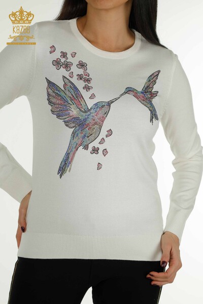Grossiste Maille Femme Pull Oiseau Brodé Ecru - 30401 | KAZEE - 2