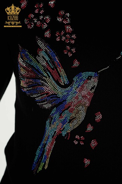 Pull en tricot pour femmes en gros noir avec broderie d'oiseaux - 30401 | KAZEE - 3