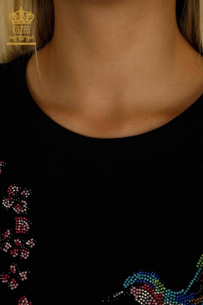 Pull en tricot pour femmes en gros noir avec broderie d'oiseaux - 30401 | KAZEE - 6
