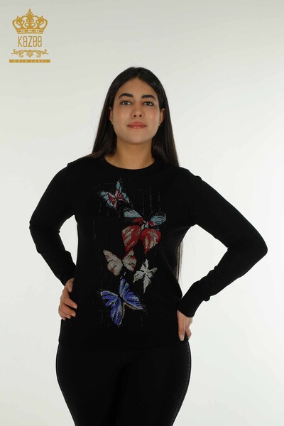 Pull en tricot pour femmes en gros papillon brodé noir - 30215 | KAZEE - Thumbnail