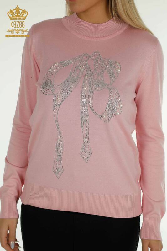 Pull en tricot pour femmes en gros avec pierre perlée brodée rose - 30672 | KAZEE