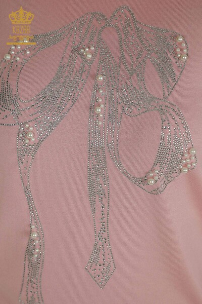 Pull en tricot pour femmes en gros avec pierre perlée brodée rose - 30672 | KAZEE - Thumbnail