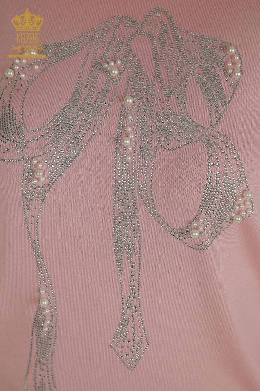 Pull en tricot pour femmes en gros avec pierre perlée brodée rose - 30672 | KAZEE