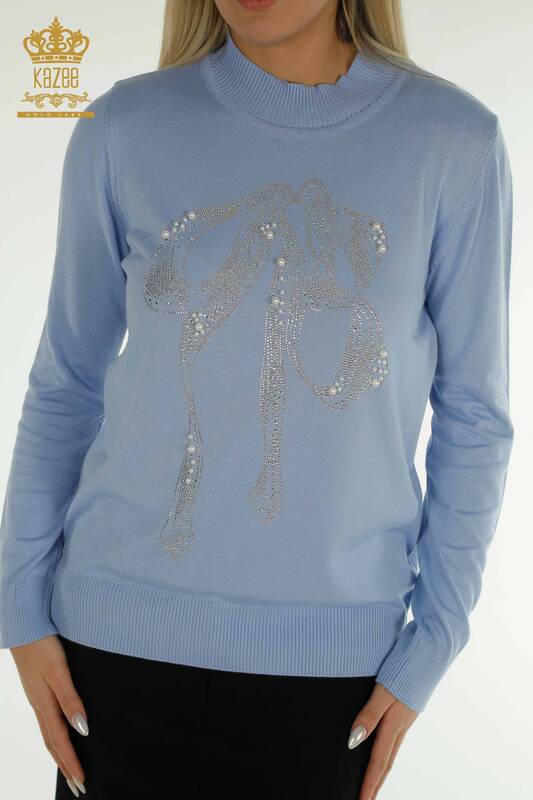 Pull en tricot pour femmes en gros avec pierre perlée brodée bleu - 30672 | KAZEE