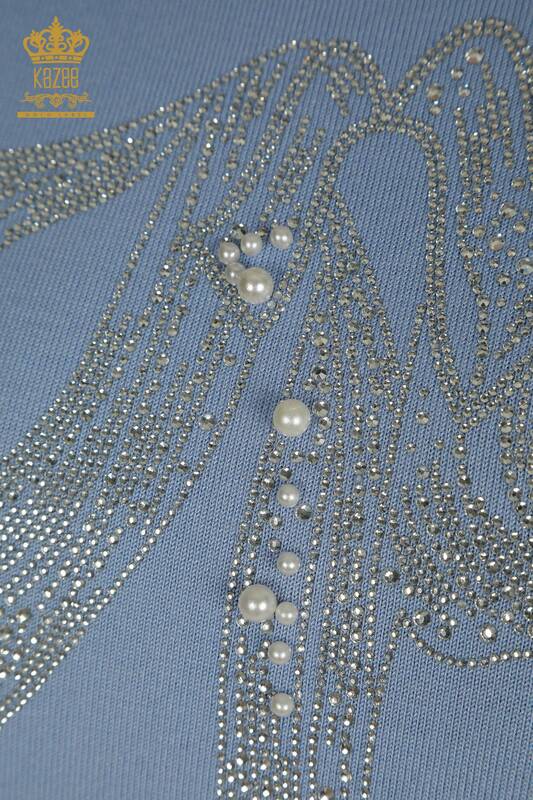 Pull en tricot pour femmes en gros avec pierre perlée brodée bleu - 30672 | KAZEE