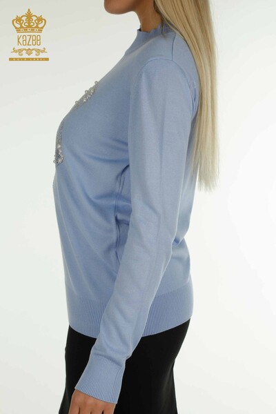 Pull en tricot pour femmes en gros avec pierre perlée brodée bleu - 30672 | KAZEE - Thumbnail