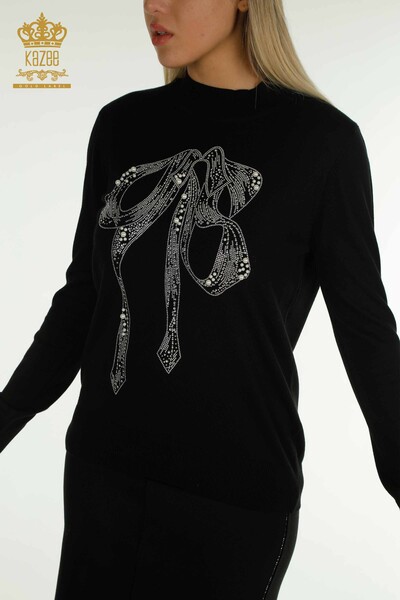 Pull en tricot pour femmes en gros avec pierre perlée brodée noir - 30672 | KAZEE - Thumbnail
