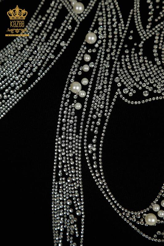 Pull en tricot pour femmes en gros avec pierre perlée brodée noir - 30672 | KAZEE