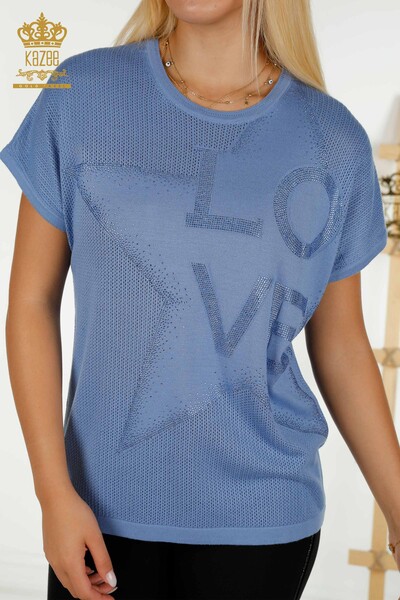 Pull en tricot pour femmes en gros pierre brodée bleu - 30501 | KAZEE - Thumbnail