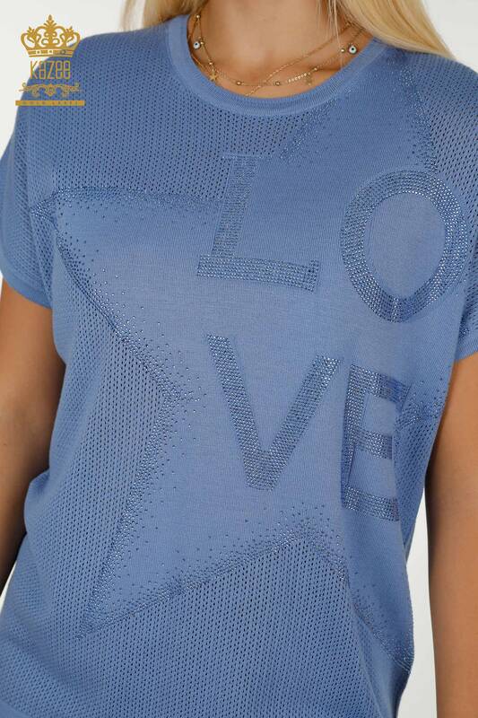 Pull en tricot pour femmes en gros pierre brodée bleu - 30501 | KAZEE
