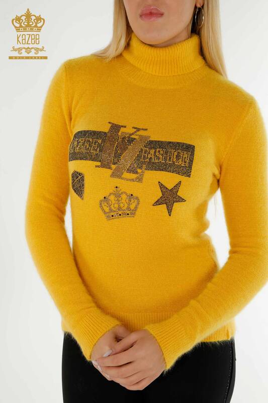 Pull en tricot pour femmes en gros pierre brodée Angora jaune - 18894 | KAZEE