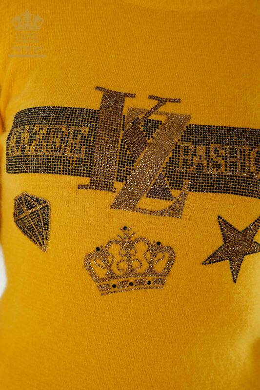 Pull en tricot pour femmes en gros pierre brodée Angora jaune - 18894 | KAZEE