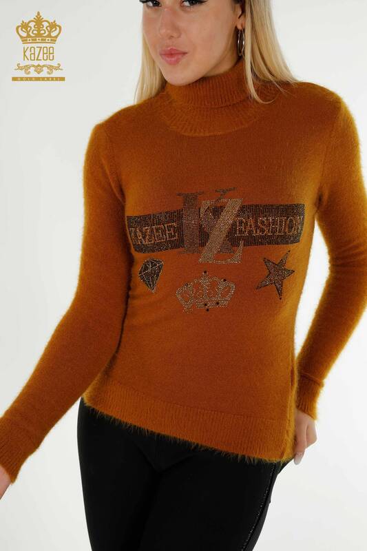 Pull en tricot pour femmes en gros pierre brodée Angora moutarde - 18894 | KAZEE