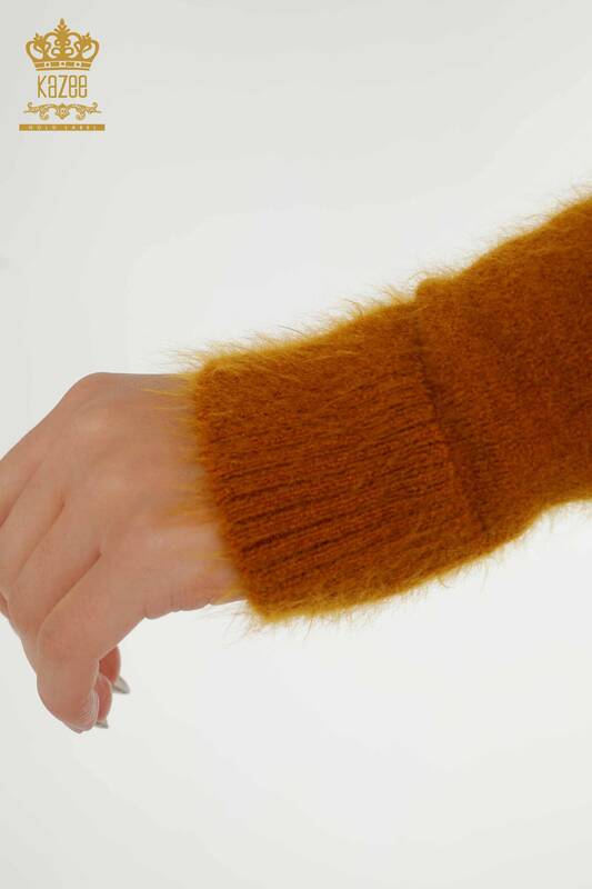Pull en tricot pour femmes en gros pierre brodée Angora moutarde - 18894 | KAZEE