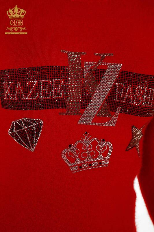 Pull en tricot pour femmes en gros pierre brodée Angora rouge - 18894 | KAZEE
