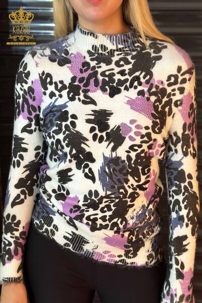 Vente en gros de tricots pour femmes pull pierre brodée Angora violet - 18948 | KAZEE - Thumbnail