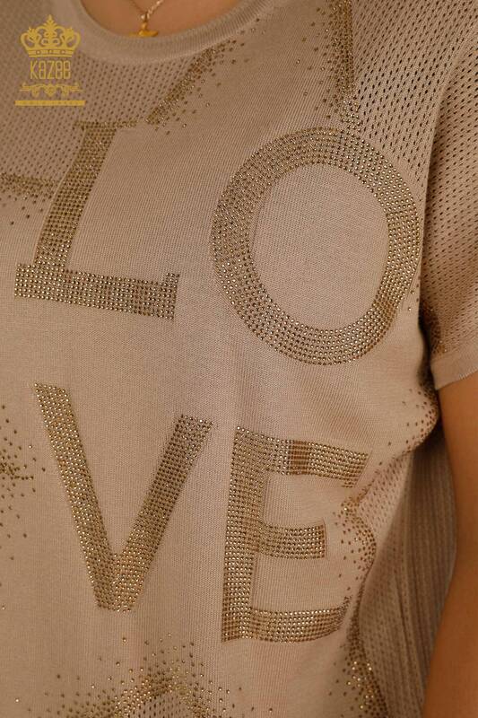 Vente en gros de tricots pour femmes pull pierre brodée beige - 30501 | KAZEE