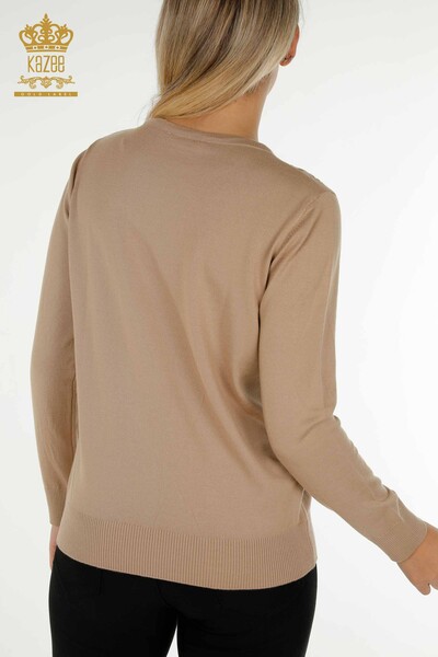 Vente en gros de tricots pour femmes pull pierre brodée beige - 30594 | KAZEE - Thumbnail