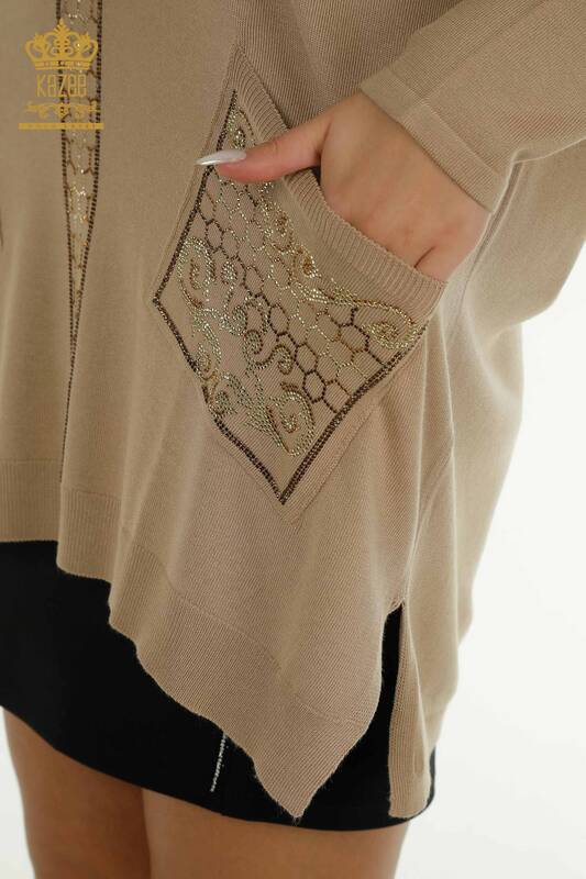 Pull en tricot pour femmes en gros pierre brodée beige - 30601 | KAZEE