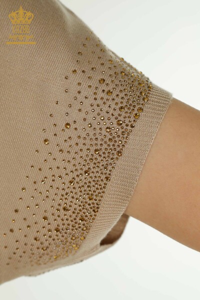 Vente en gros de tricots pour femmes pull pierre brodée beige - 30761 | KAZEE - Thumbnail