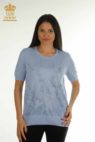 Kazee - Pull en tricot pour femmes en gros pierre brodée bleu - 30659 | KAZEE