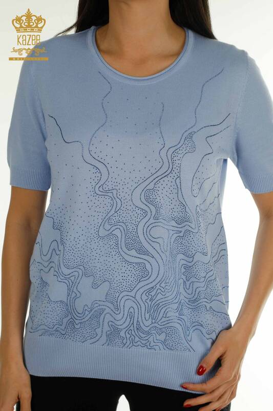 Pull en tricot pour femmes en gros pierre brodée bleu - 30659 | KAZEE