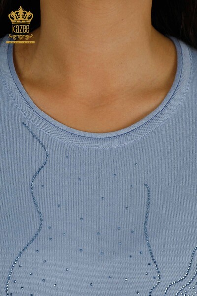 Pull en tricot pour femmes en gros pierre brodée bleu - 30659 | KAZEE - 4