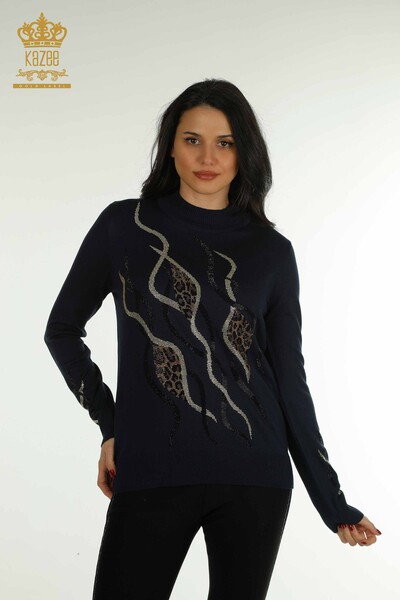 Pull en tricot pour femmes en gros pierre brodée bleu marine - 30096 | KAZEE - Thumbnail